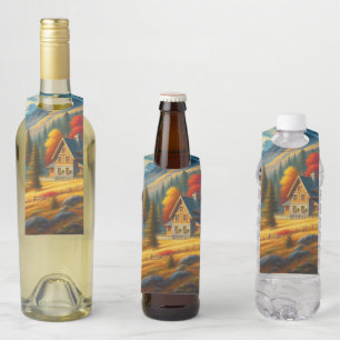 Colgador Para Botellas Cabaña rústica de otoño en la montaña y río