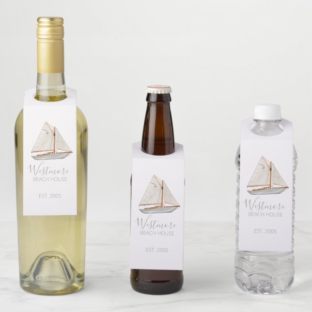 Colgador Para Botellas Casa de playa con velero de acuarela (In situ)