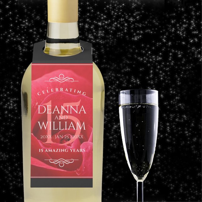 Colgador Para Botellas Celebración elegante del 15º aniversario de bodas  (15th rose wedding anniversay with champagne flute on a starry night sky.)