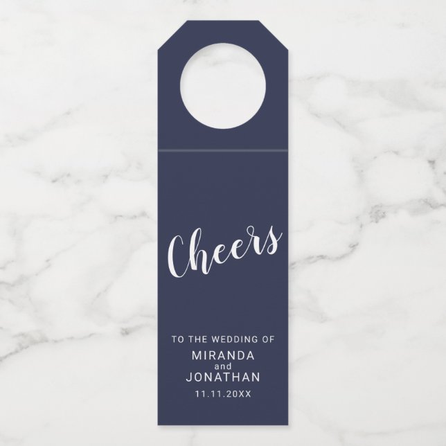Colgador Para Botellas 'Cheers' Letra Moderna Azul Marino Boda (Anverso)