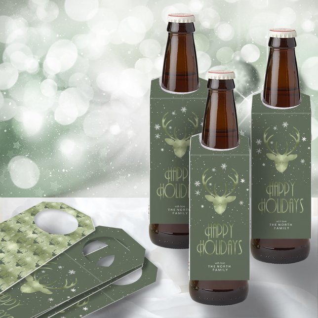 Colgador Para Botellas Deer Antlers Silhouette & Snowflakes Green ID861 (Front/Back In Situ)