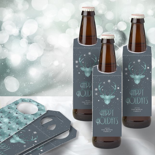 Colgador Para Botellas Deer Antlers Silhouette & Snowflakes Verde azulada (Front/Back In Situ)