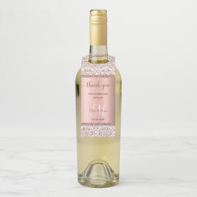 Colgador Para Botellas Elegant Rose Gold Glitter Monogram Wedding (En botella)