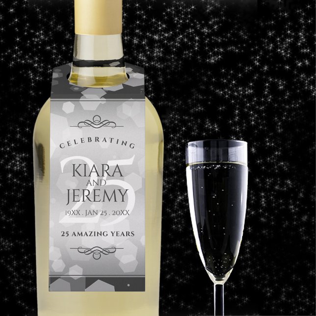 Colgador Para Botellas Elegante 25° aniversario Boda de Plata (25th silver wedding anniversary bottle hanger with champagne flute on a starry night sky. )