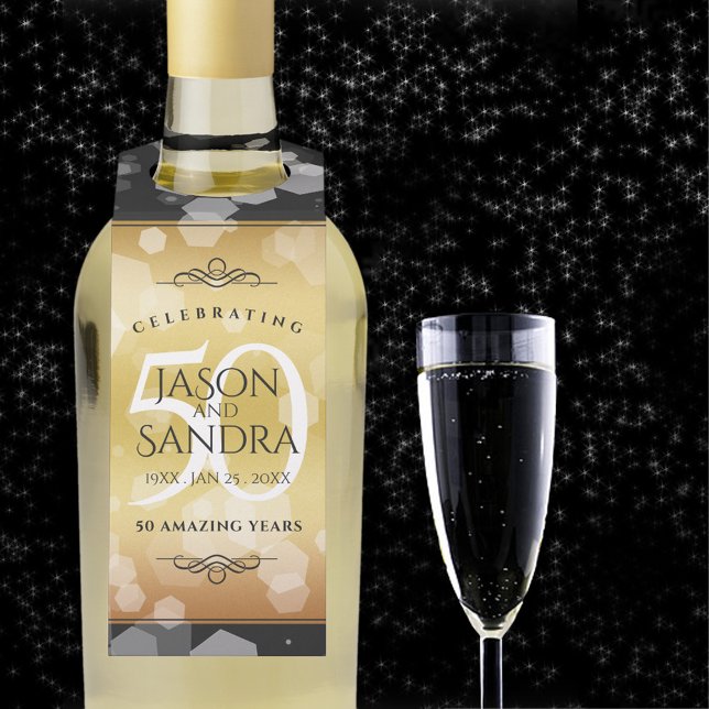 Colgador Para Botellas Elegante 50° Aniversario del Boda de Oro (50th golden wedding anniversary bottle hanger with champagne flute on a starry night sky. )
