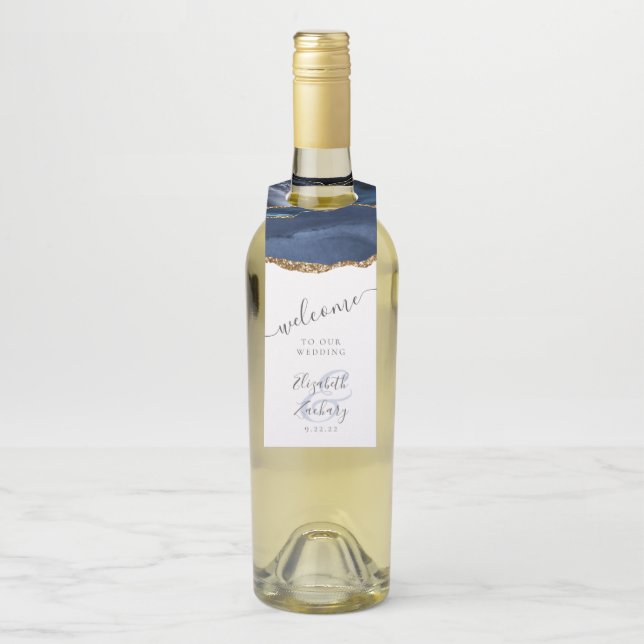 Colgador Para Botellas Elegante Agate Navy Blue Gold Boda (En botella)