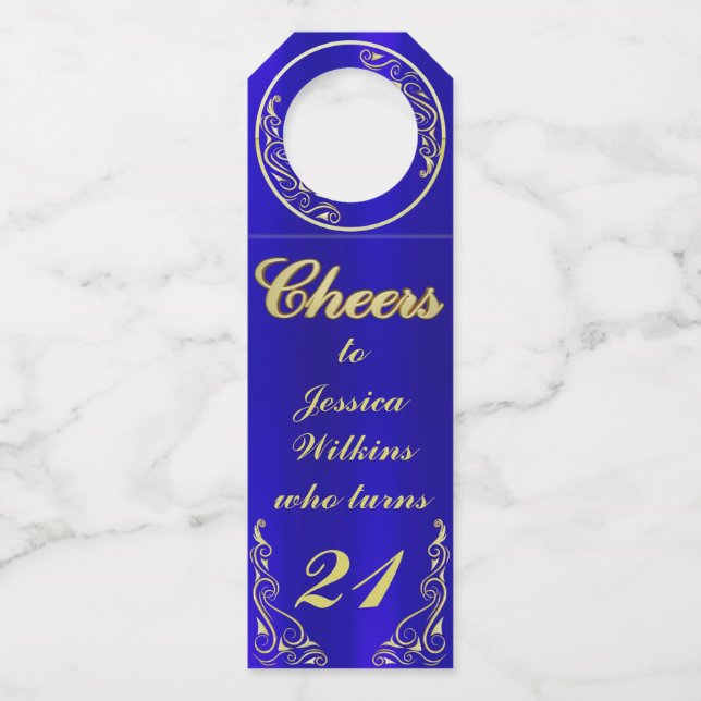 Colgador Para Botellas Elegante Regal Golden Royal Blue Birthday (Anverso)