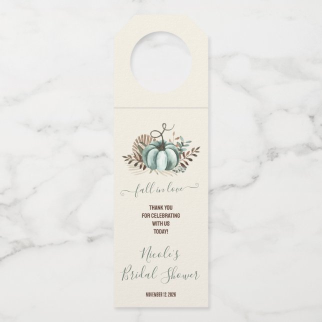 Colgador Para Botellas Enamorarse, Calabaza Azul, Lluvia de Flores Boda d (Anverso)