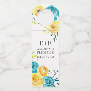 Colgador Para Botellas Favor de la boda floral amarilla y turquesa