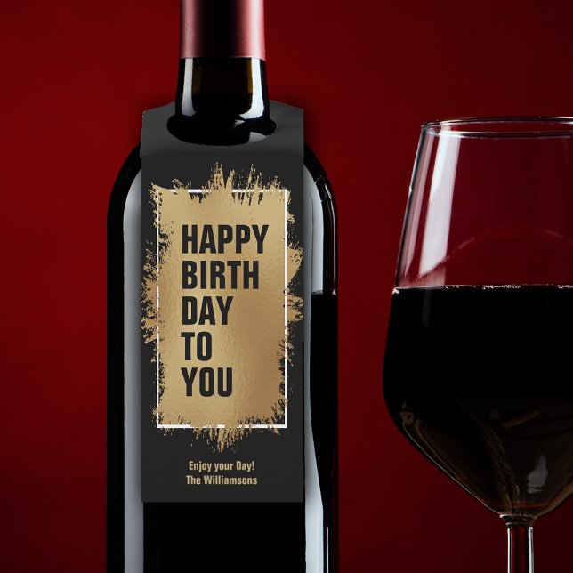 Colgador Para Botellas FELIZ CUMPLEAÑOS Texto de Hoja de Oro sobre Negro (Subido por el creador)