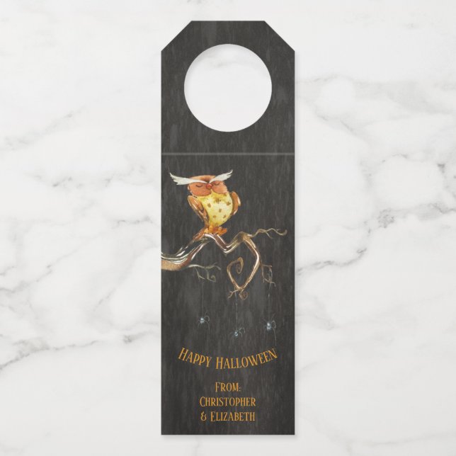 Colgador Para Botellas Feliz Halloween Búho Espeluznante Monograma Fiesta (Anverso)
