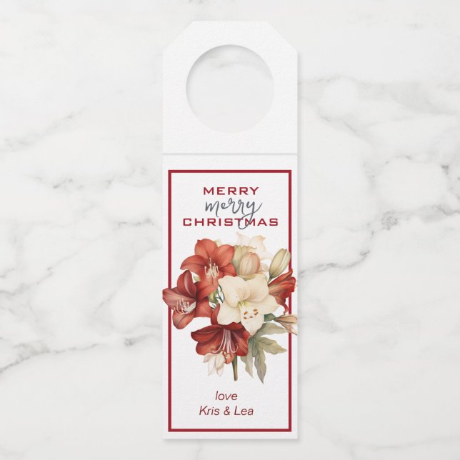 Colgador Para Botellas Feliz Navidad Amaryllis Blanco y Rojo (Anverso)