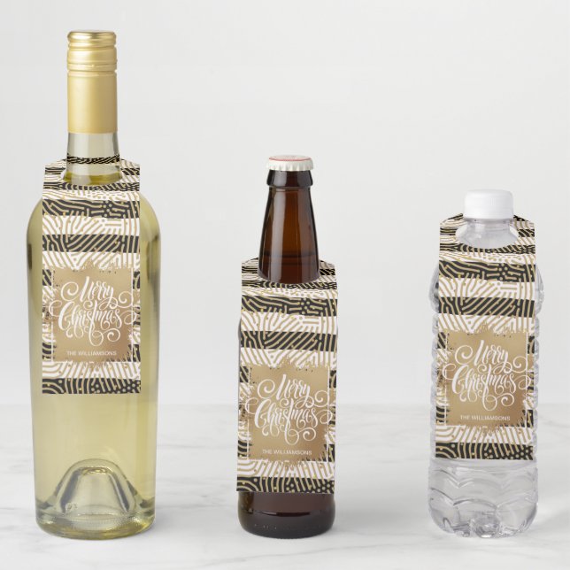 Colgador Para Botellas Feliz Navidad Rayas Negras y Blancas Doradas (In situ)
