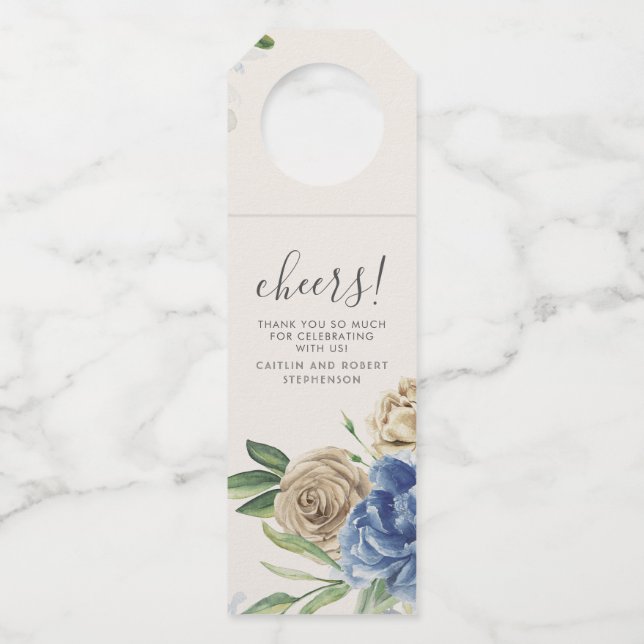 Colgador Para Botellas Flores Acuarela Azules Polvorientas y Marfil (Anverso)