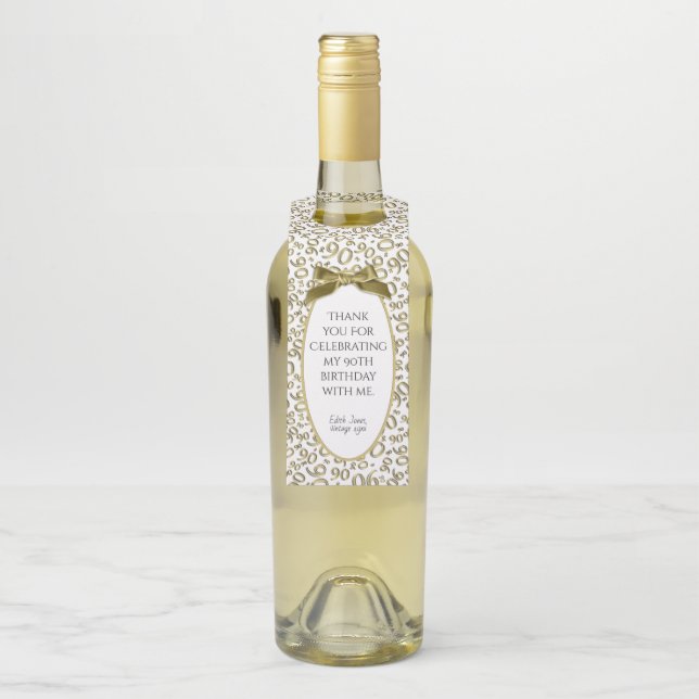 Colgador Para Botellas "Gracias" oro/90.a fiesta de cumpleaños del blanco (En botella)