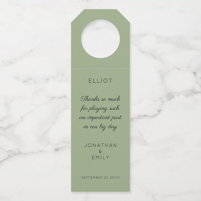 Colgador Para Botellas Gracias Typography Sage Green Name Boda (Anverso)