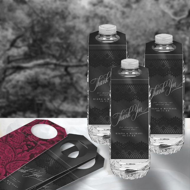 Colgador Para Botellas ID866 del Boda satinado y de encaje negro gótico (Front/Back In Situ)