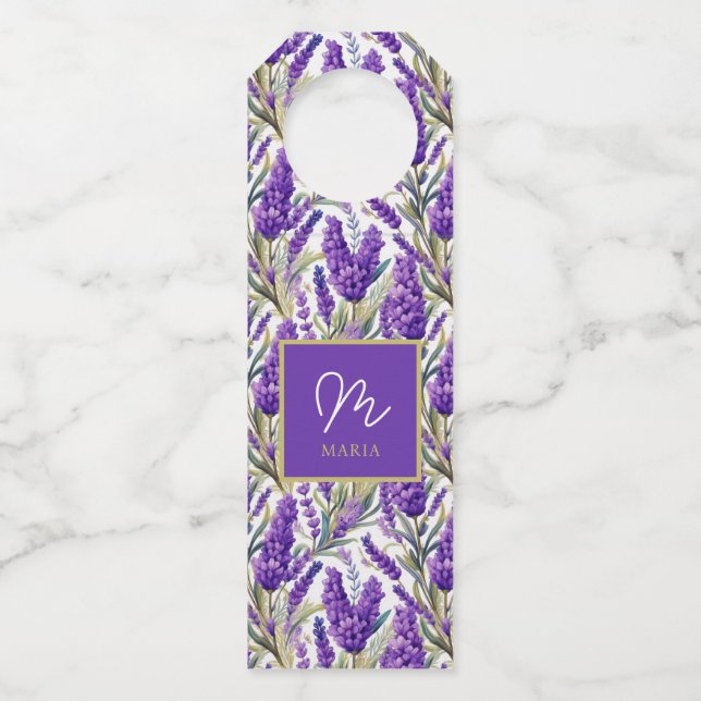 Colgador Para Botellas Impresionante patrón de lavanda púrpura monogramad (Anverso)