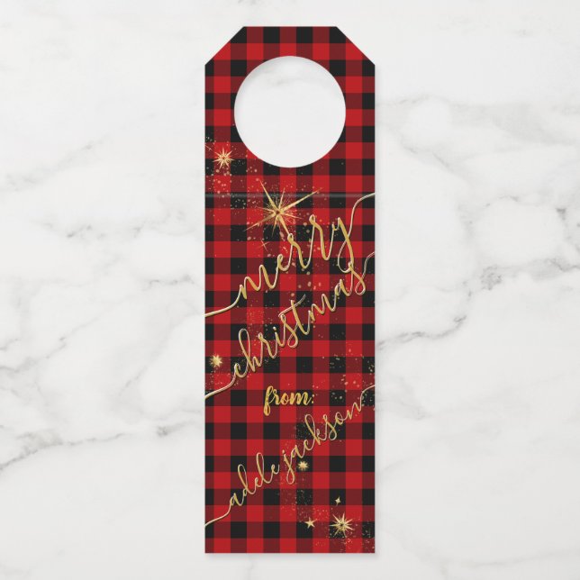 Colgador Para Botellas Letra dorada moderna Buffalo Plaid Feliz Navidad (Anverso)