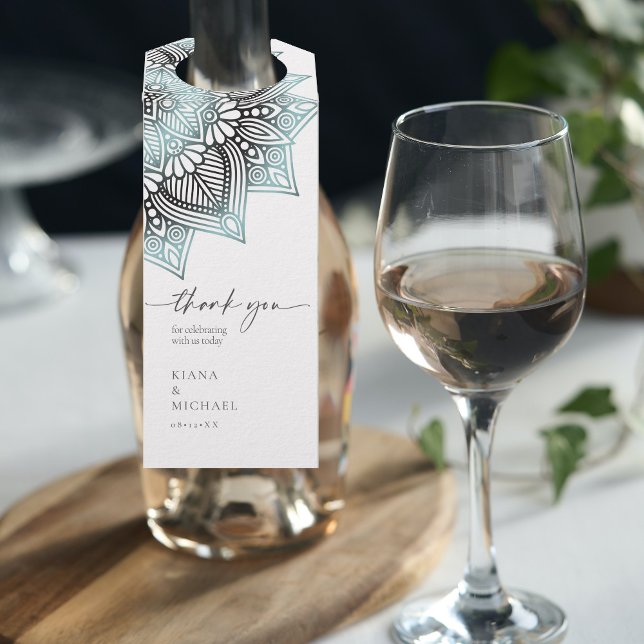Colgador Para Botellas Mandala Lace Wedding Agradecimiento Azul Claro ID9 (Wine Bottle In Situ)