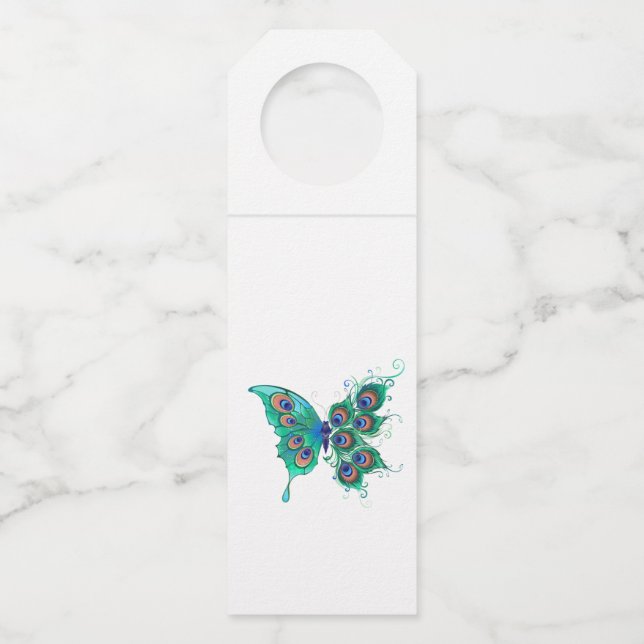 Colgador Para Botellas Mariposa con plumas de pavo real verde (Anverso)