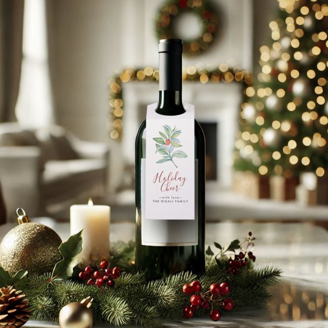 Colgador Para Botellas Navidades de acuarela Holly y Berries (Christmas wine gift tags watercolor art by Victoria Grigaliunas of Do Tell A Belle)