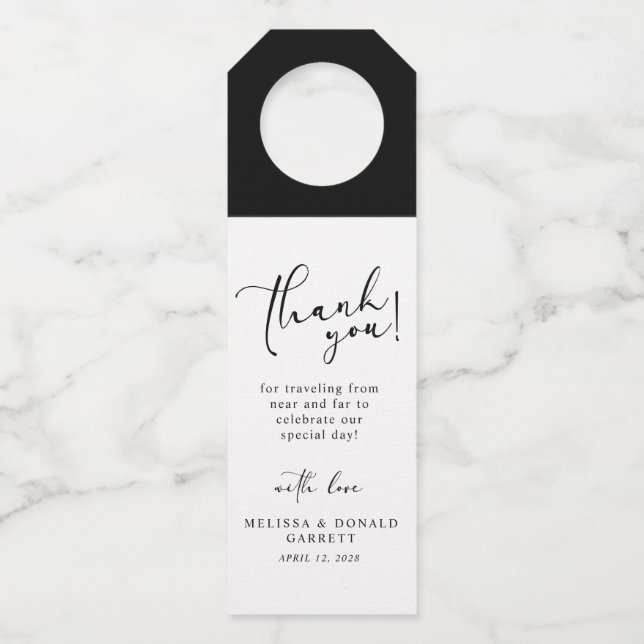 Colgador Para Botellas Negro Moderno Simple Script Agradecimiento de Boda (Anverso)