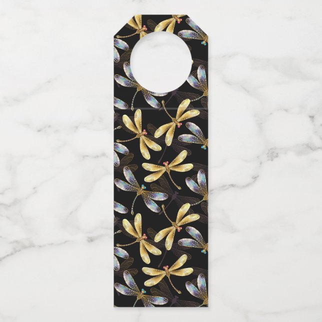 Colgador Para Botellas Patrón sin foco con Dragonflies dorados (Anverso)