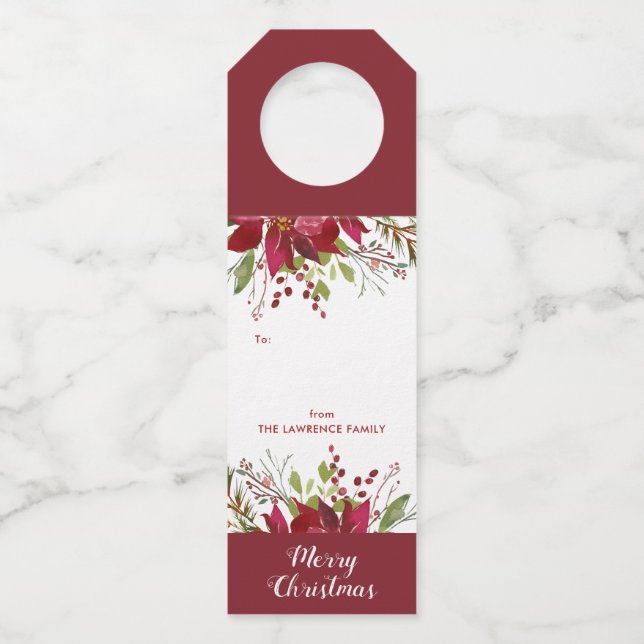 Colgador Para Botellas Poinsettia Acuarela Feliz Navidad Regalo Navideño (Anverso)