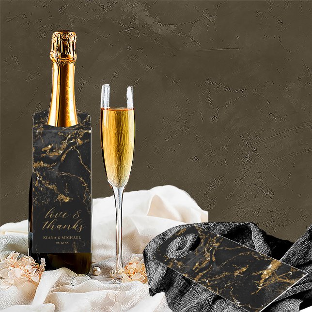 Colgador Para Botellas Purpurina de mármol Boda gracias Black Gold ID644 (Front/Back In Situ)