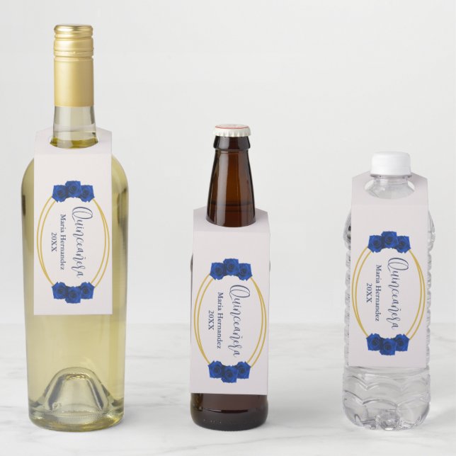 Colgador Para Botellas Quinceañera geométrica real azul y oro (In situ)