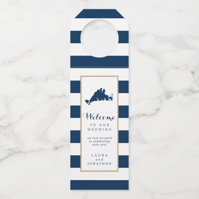Colgador Para Botellas Regalo de Boda Rayas Azules Doradas Marthas Vineya (Anverso)