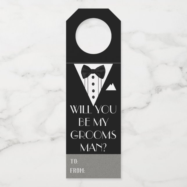 Colgador Para Botellas ¿Serás Mi Tuxedo Groomsman? (Anverso)