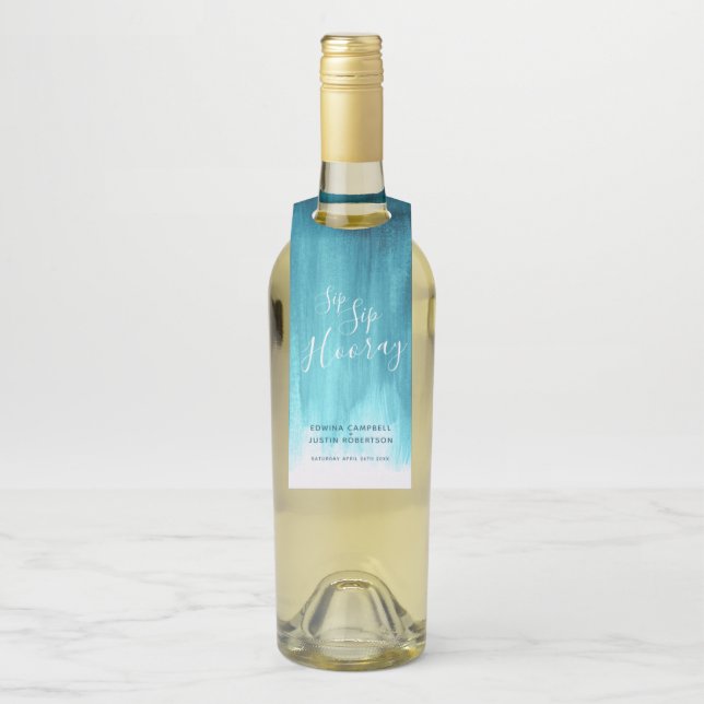 Colgador Para Botellas Sip Sip hooray costumbre boda abstracto aqua verde (En botella)