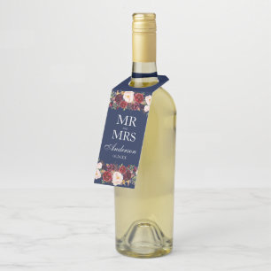 Colgador Para Botellas Sr. y Sra. Burgundy Floral Blue Boda