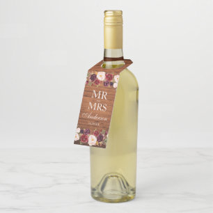 Colgador Para Botellas Sr. y Sra. Rustic Wood Burgundy Floral Boda
