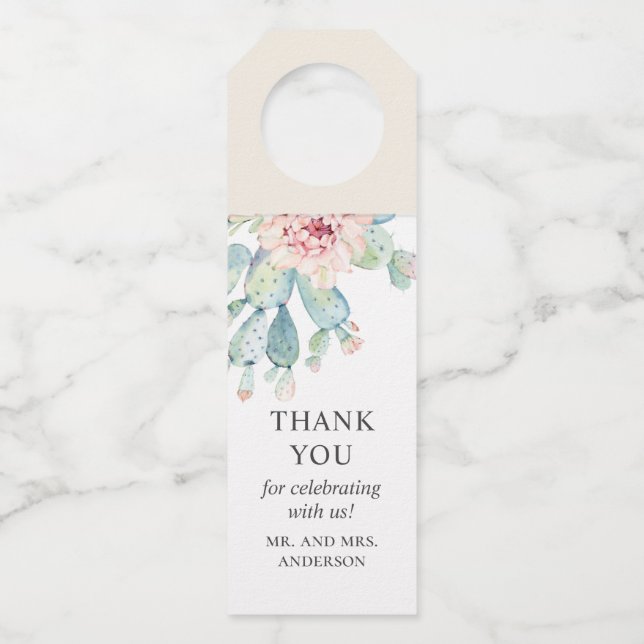 Colgador Para Botellas Suculentos bodas acuarelas. Cactus gracias (Anverso)