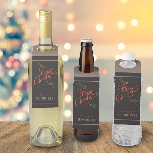 Colgador Para Botellas Tradicional Feliz Navidad Holly Berries (Traditional Merry Christmas Holly Berries Bottle Hanger Tag)