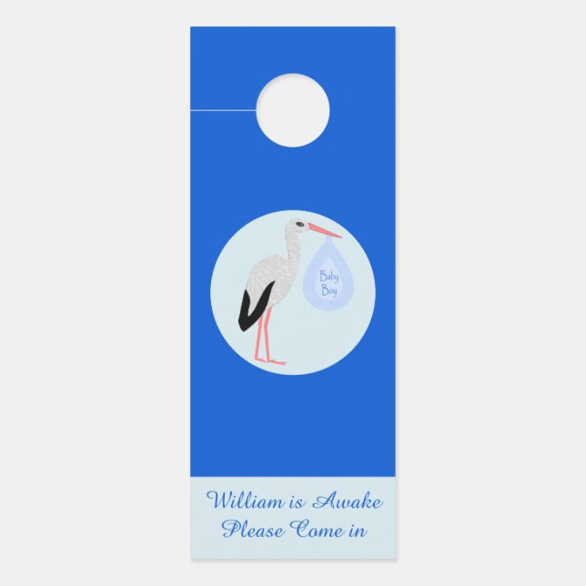 Colgador Para Puertas Cute Blue Baby Boy Stork Personalizado Nursery (Anverso)