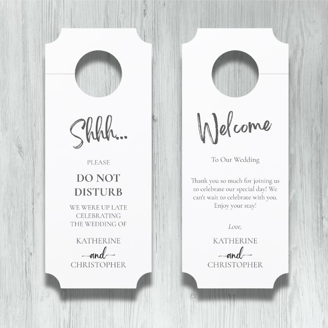 Colgador Para Puertas Elegante blanco negro Shhh No molestar al Boda (Black and White Elegant Shhh Do Not Disturb Wedding Welcome Door Hanger with Ticket Corners.)