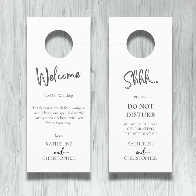 Colgador Para Puertas Elegante blanco negro Shhh No molestar al Boda (Shhh... Do Not Disturb Wedding Hotel Doorhanger with Couple Names, Date, Welcome Message.)