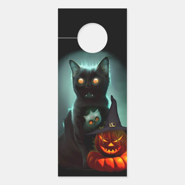 Colgador Para Puertas Gato de vampiros y mago calabaza Halloween Surreal (Anverso)