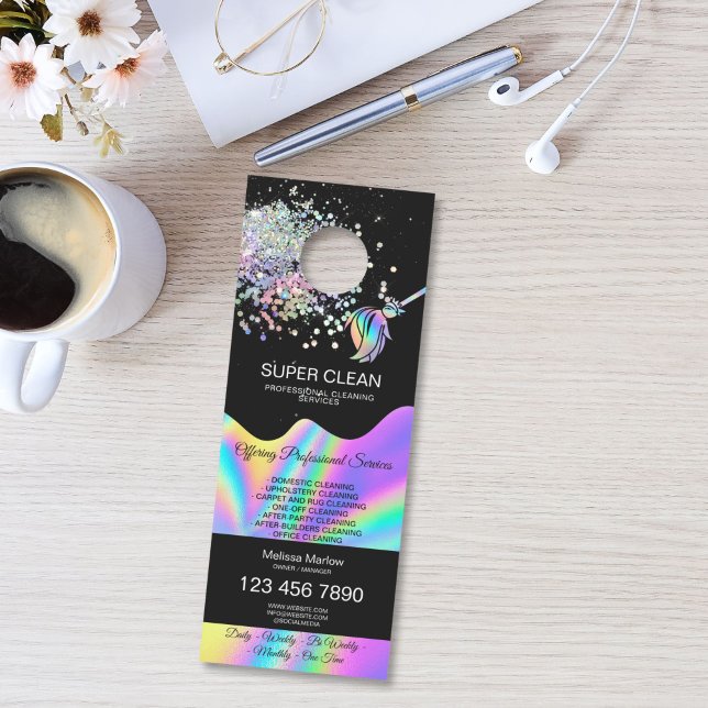 Colgador Para Puertas Housekeeping House Cleaning Maid Janitor (Maid Cleaning House Sparkling door hanger with holographic broom logo, glitter and water splash)