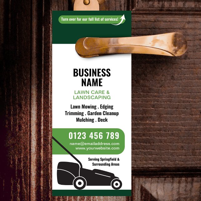 Colgador Para Puertas Lawn Mowing & Landscaping Business Marketing (Modern Landscaping Business Marketing Door Hanger in white and green)