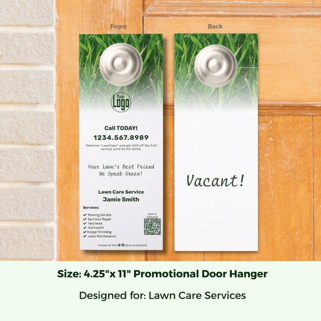 Colgador Para Puertas Logotipo de Personalizado del Servicio Promocional (Promotional Lawn Care Service Custom Logo Door Hanger, Image, QR, List, CTA; Size 4.25 x 11 Inch)