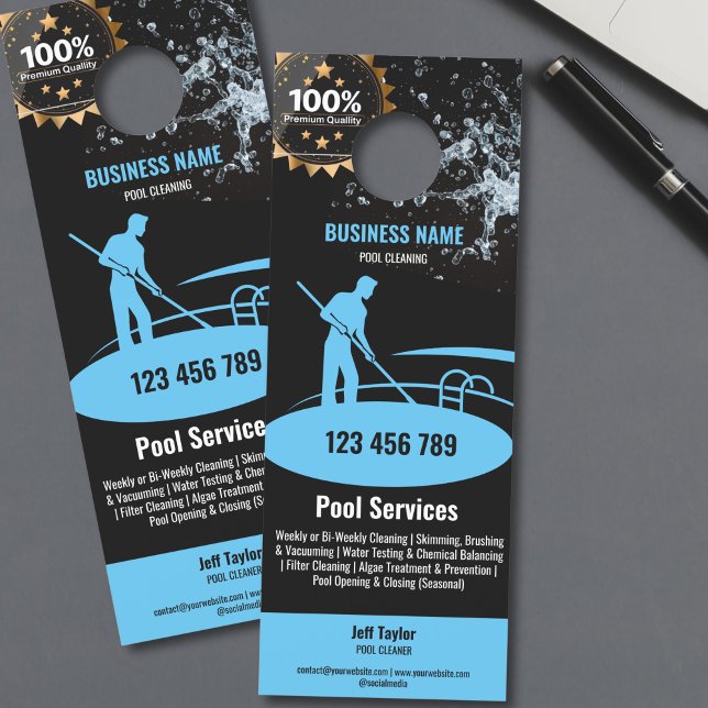 Colgador Para Puertas Mantenimiento y reparación de grupos de servicios  (blue pool guy cleaning swimming pool, black background, door hanger flyer)