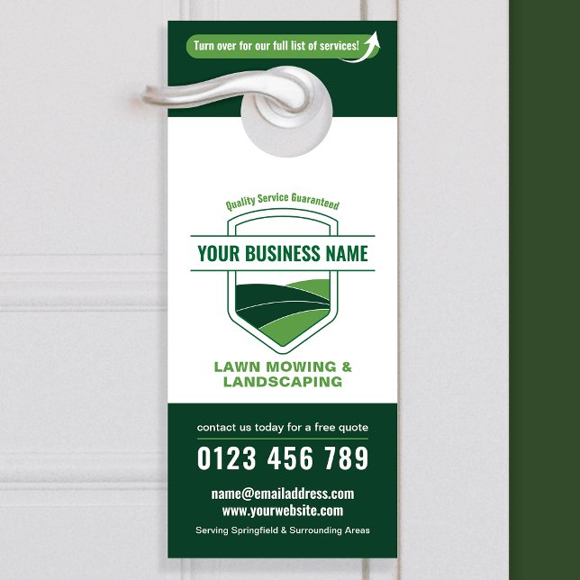Colgador Para Puertas Modern Landscaping Lawn Mowing Marketing (Modern Landscaping Business Marketing Door Hanger in white and green)