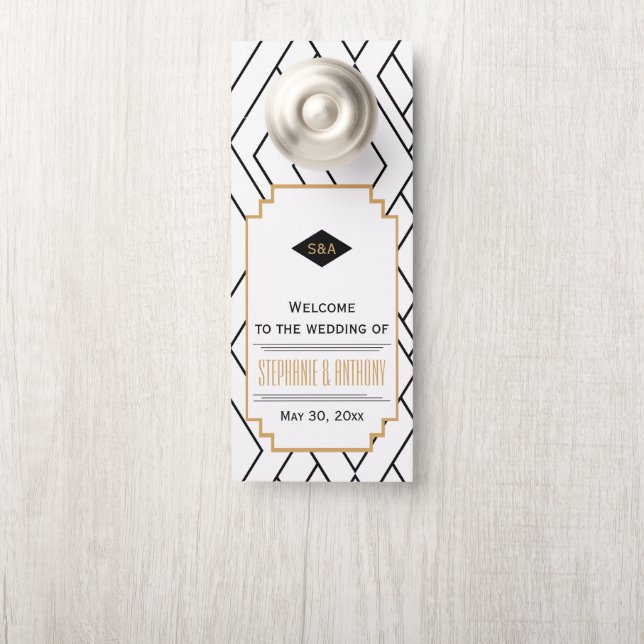 Colgador Para Puertas Monograma negro, oro y Boda Art Deco blanco (En pomo)