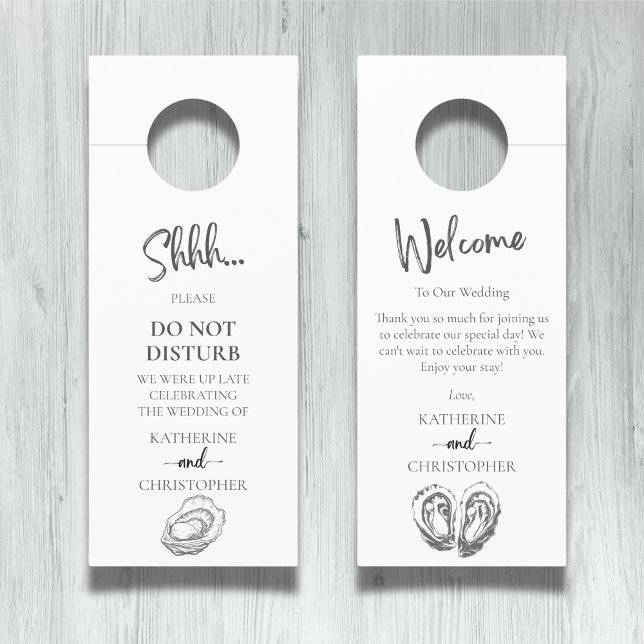 Colgador Para Puertas Oysters Black White Shhh No Molestar al Boda (Oysters Black and White Shhh Do Not Disturb Wedding Door Hanger with Custom Message on Back.)