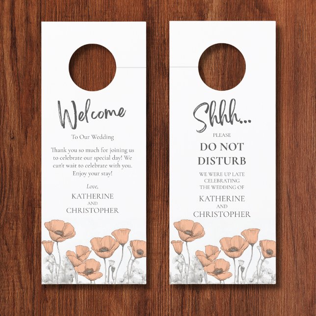 Colgador Para Puertas Peach Poppies Shhh No Perturbar Al Boda (Wedding Hotel Peach Poppies Shhh Door Hanger with Custom Welcome Message and Couple Names.
)